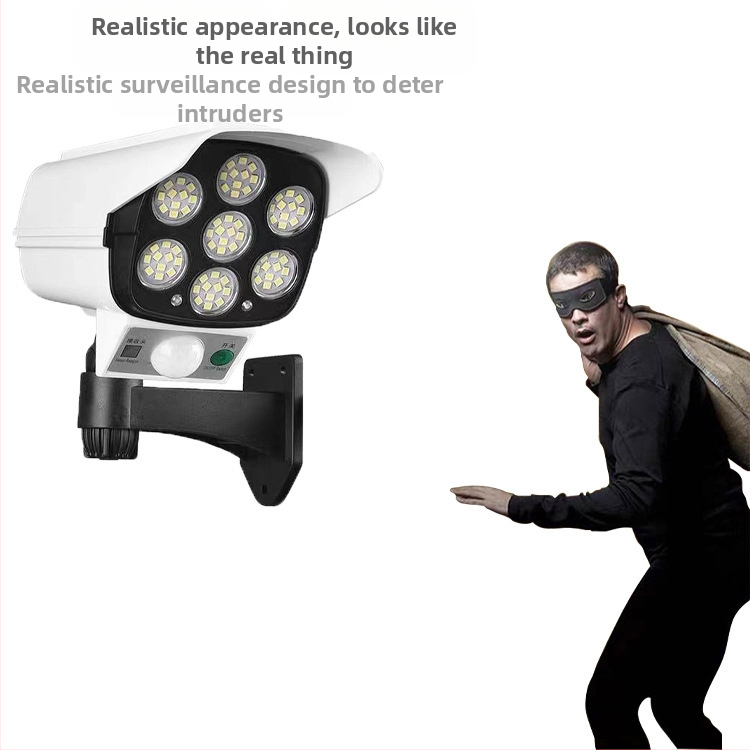 Solárna vonkajšia LED uličná lampa s pohybovým senzorom a dizajnom kamery simulácie, IP65, 10W, 3.7V, životnosť 10 000 h