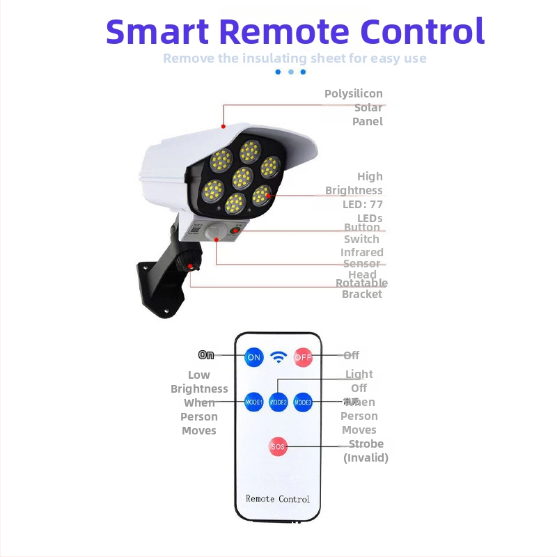 Solárna vonkajšia LED uličná lampa s pohybovým senzorom a dizajnom kamery simulácie, IP65, 10W, 3.7V, životnosť 10 000 h