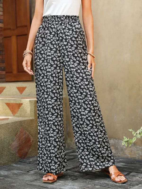 Flórás poliészter hosszú nadrág, laza szabás, elasztikus derék, vékony anyag