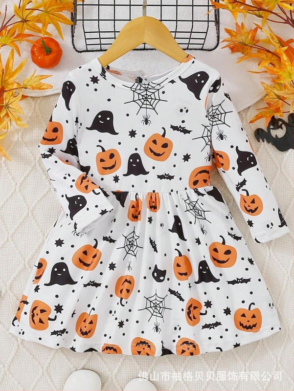 Dievčenské šaty: Halloween Pumpkin Ghost, štýl princezny, dlhé rukávy, Milk Silk látka