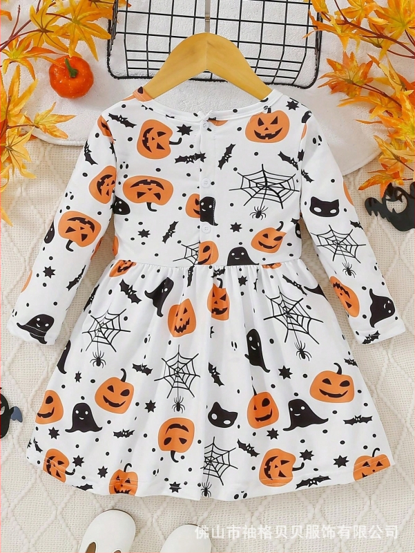 Dievčenské šaty: Halloween Pumpkin Ghost, štýl princezny, dlhé rukávy, Milk Silk látka