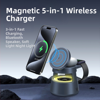 Magnetinis 5-in-1 belaidis įkroviklis Apple įrenginiams, QC3.0 greitas įkrovimas, magnetinis įkrovimas, bendroji galia 20W, išvesties galia 10W, CE/FCC/ROHS sertifikatai