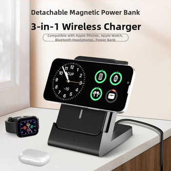 Atsiejamas 4-in-1 belaidžio įkroviklio telefonui, laikrodžiui ir ausinėms — 15W, QC3.0, magnetinis įkrovimas, 2A/3A/5A išvestis