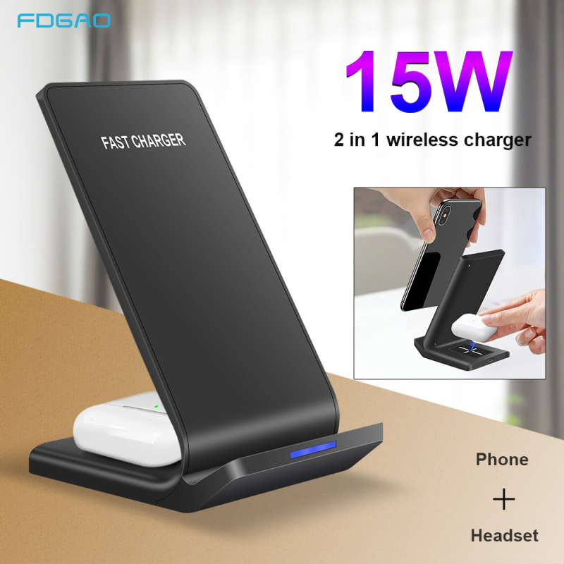 FDGAO vertikālais bezvadu 2-in-1 lādētājs telefoniem un ausu klausāmām, 15W ātra Qi bezvadu uzlāde, USB-C/USB