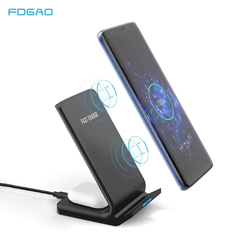 FDGAO függőleges 2-in-1 vezeték nélküli töltő telefonokhoz és headsetekhez, 15W gyors Qi töltés, QC3.0, USB-C/USB