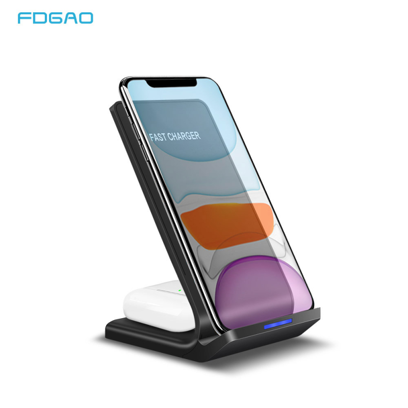 FDGAO függőleges 2-in-1 vezeték nélküli töltő telefonokhoz és headsetekhez, 15W gyors Qi töltés, QC3.0, USB-C/USB