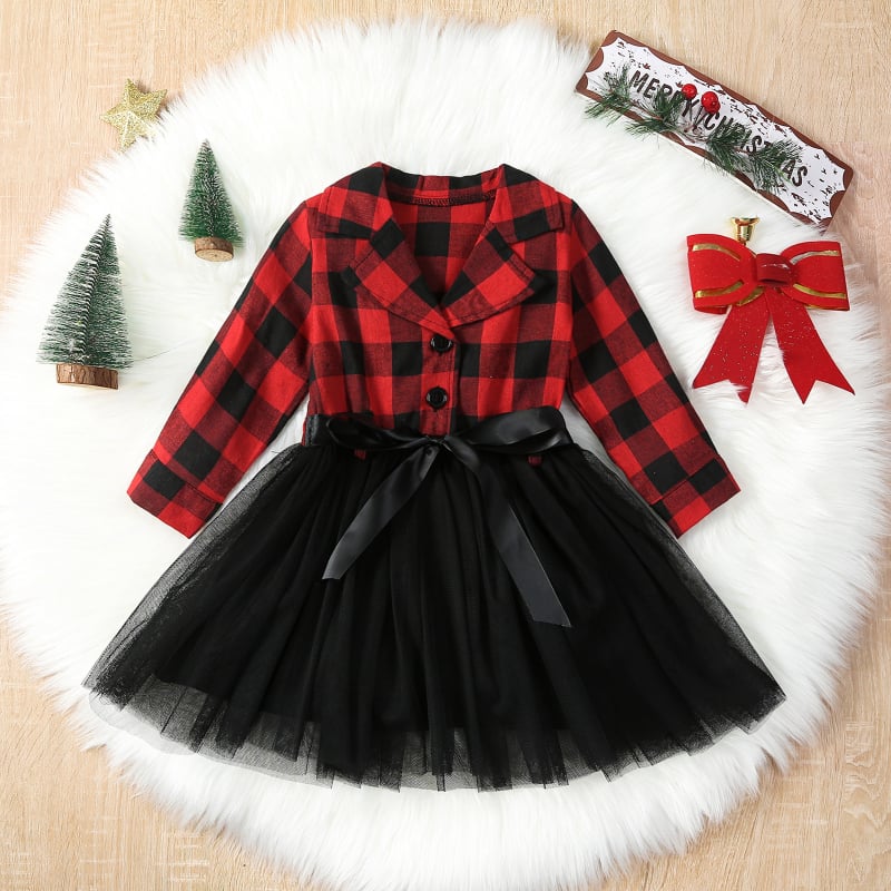 Lányoknak szóló kockás hálós ruha, hosszú ujjú, 65% pamut, fodros szoknya, 3–8 éveseknek