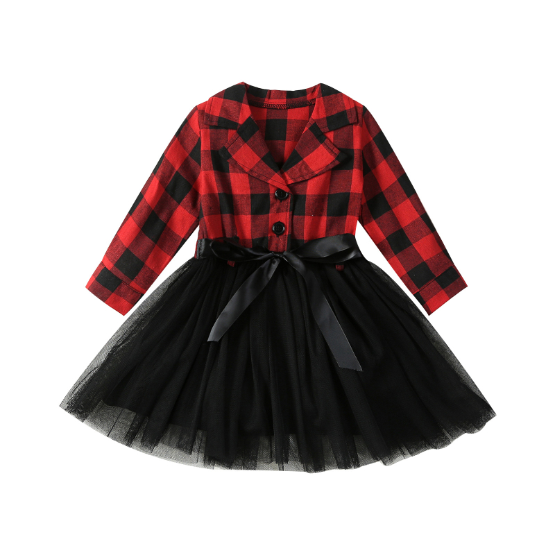 Lányoknak szóló kockás hálós ruha, hosszú ujjú, 65% pamut, fodros szoknya, 3–8 éveseknek