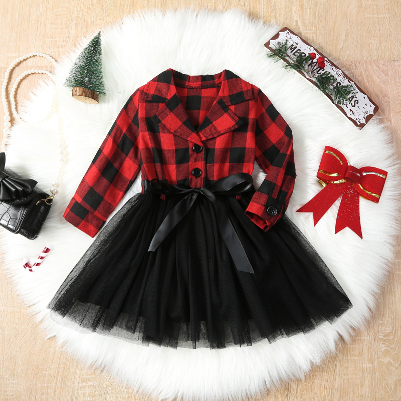 Lányoknak szóló kockás hálós ruha, hosszú ujjú, 65% pamut, fodros szoknya, 3–8 éveseknek