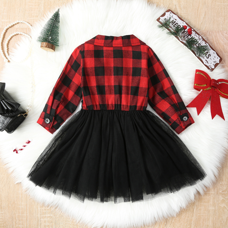 Lányoknak szóló kockás hálós ruha, hosszú ujjú, 65% pamut, fodros szoknya, 3–8 éveseknek