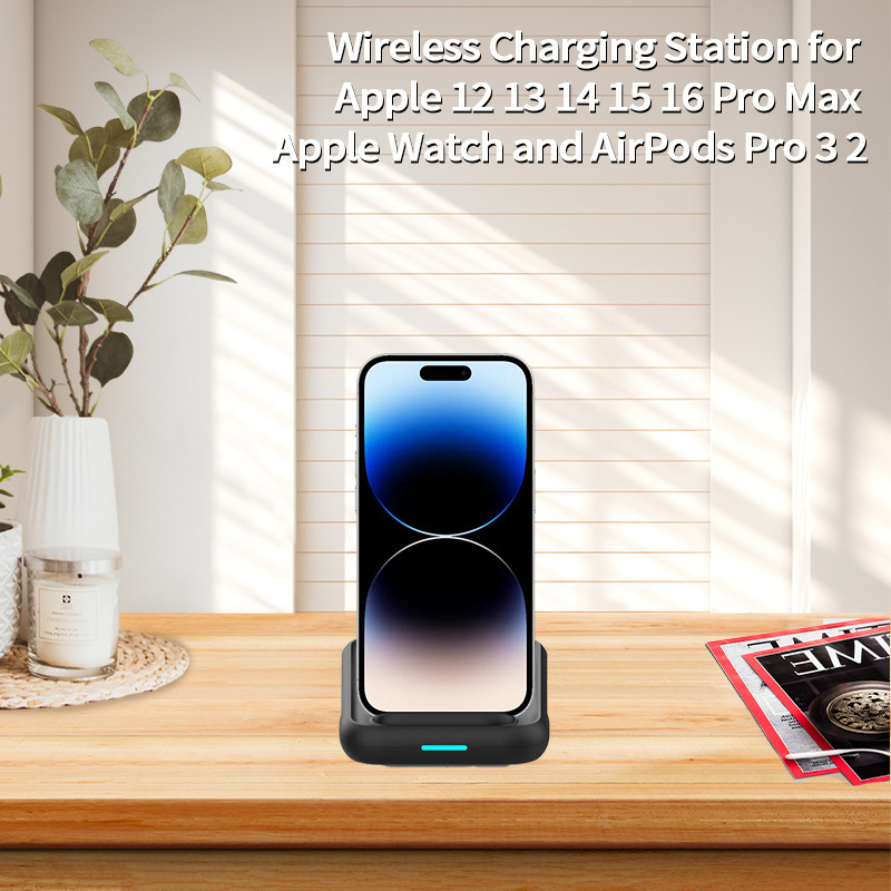 3 az egyben mágneses vezeték nélküli töltő asztali telefon-tartóval – gyors töltés, állítható, max. 15W, QC3.0, 3A kimenet, összteljesítmény 23W