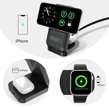 Ασύρματο φορτιστή 3 σε 1 για ρολόγια, ακουστικά και κινητά τηλέφωνα – γρήγορη φόρτιση QC3.0 – μαγνητική περιστρεφόμενη οθόνη ισχύος – έξοδος 15W (συνολική ισχύς 23W)
