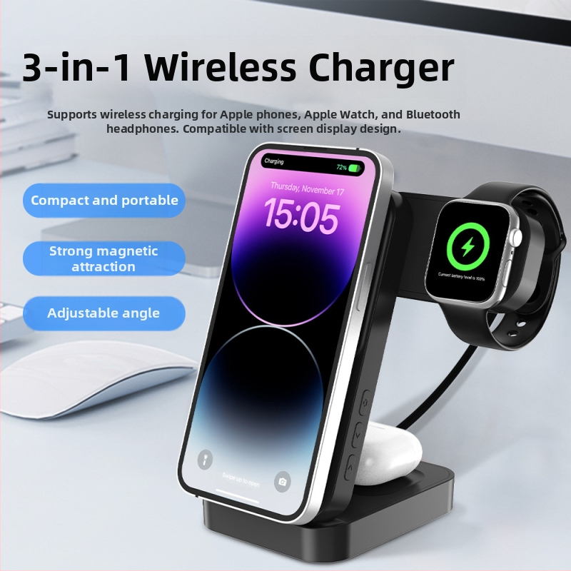 Kolm ühes traadita laadija kellade, kõrvaklappide ja nutitelefonide jaoks – QC3.0 kiirlaadimine – magnetiline pööratav toiteekraan – 15W väljund (kogu võimsus 23W)