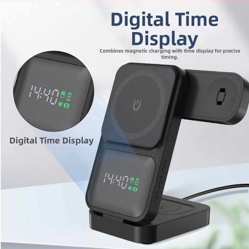 3v1 bezdrôtová nabíjačka pre hodinky, slúchadlá a telefón – QC3.0 rýchle nabíjanie – magnetický otočný displej s výkonom – 15W výstup (celkový výkon 23W)