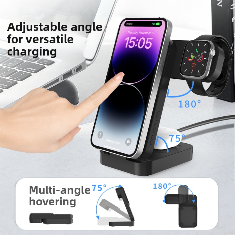 3v1 bezdrôtová nabíjačka pre hodinky, slúchadlá a telefón – QC3.0 rýchle nabíjanie – magnetický otočný displej s výkonom – 15W výstup (celkový výkon 23W)