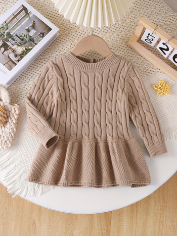 Laste kudumispull, Korea stiilis, ümmargune kaelus, pikkade varrukatega, keerlev köisdetail ja leheäär, pehme viskoosne trikotaž.