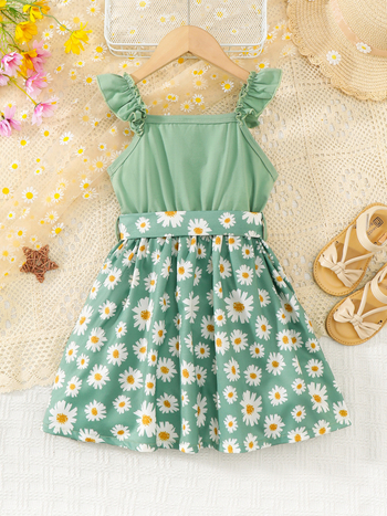 Κοριτσίστικο φόρεμα με τιράντες, γλυκό στυλ, εκτύπωση με γράμματα και λουλούδια, πριγκιπικό κόψιμο, πολυεστέρας, 100% πολυεστέρας