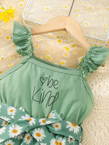 Κοριτσίστικο φόρεμα με τιράντες, γλυκό στυλ, εκτύπωση με γράμματα και λουλούδια, πριγκιπικό κόψιμο, πολυεστέρας, 100% πολυεστέρας