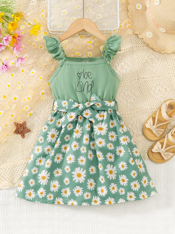 Lányoknak vállpántos ruha, édes stílus, betű- és virágmintás nyomat, hercegnő szabás, poliészter, 100% poliészter