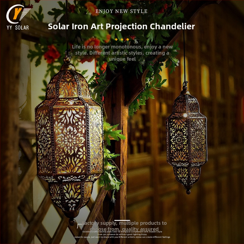Solárny železný vonkajší visiaci projekčný luster – LED, 6–12 h prevádzky, 0–2W, 1.2V indukčný vypínač