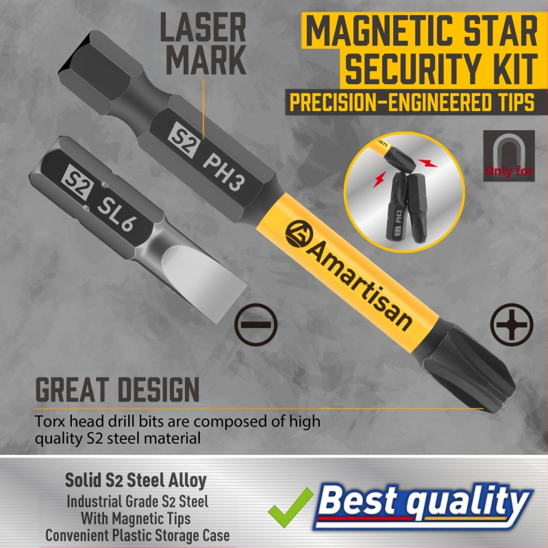 Amartisan 24 dalių magnetinis atsuktuvų ir grąžtų bitų rinkinys iš S2 plieno – plokščiojo ir kryžminio (PH) tipo bitai