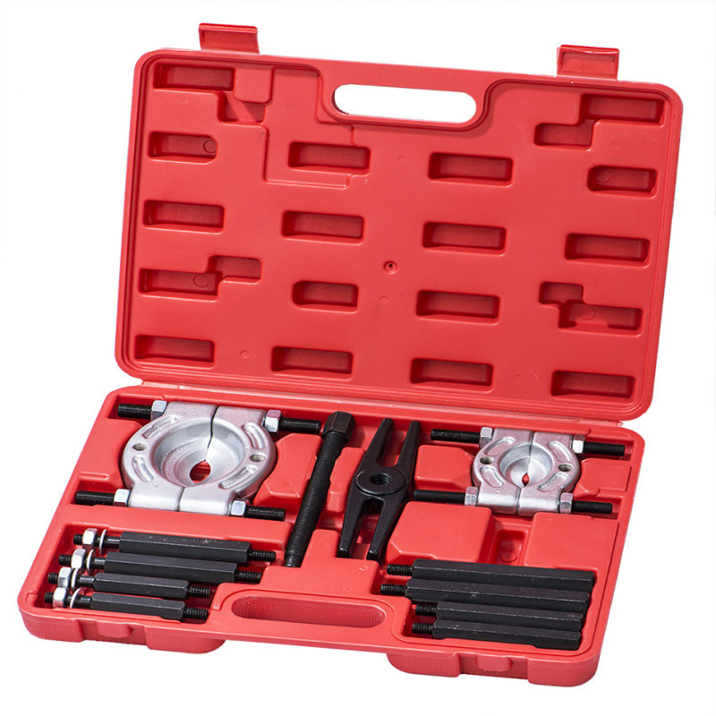 12-osaline kahetorude laagri tõmbe komplekt, valmistatud sulam-terasest; auto- ja mehhaaniliste remonditööde jaoks; lõualuude vahemik 30–50 mm ja 50–75 mm; pikendusvardad 4×130 mm ja 4×105 mm; ristvard 160 mm