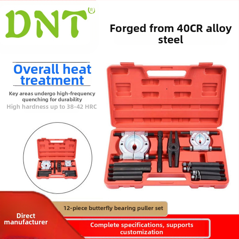 12-osaline kahetorude laagri tõmbe komplekt, valmistatud sulam-terasest; auto- ja mehhaaniliste remonditööde jaoks; lõualuude vahemik 30–50 mm ja 50–75 mm; pikendusvardad 4×130 mm ja 4×105 mm; ristvard 160 mm