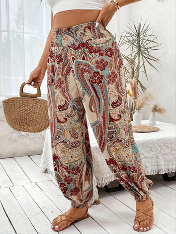 Женски панталони с тропически принт, лека материя, ластична талия, свободен силует, тънък полиестер-спандекс бленд; 90-95% полиестер, под 30% спандекс, пролет-лято 2025, ежедневен елегантен стил