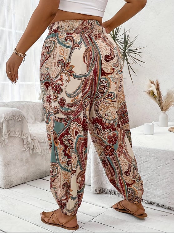 Női tropikus mintás könnyű nadrág, elasztikus derék, laza szabás, vékony poliészter-spandex keverék, 90-95% poliészter, <30% spandex, tavasz-nyár 2025, hétköznapi elegáns stílus