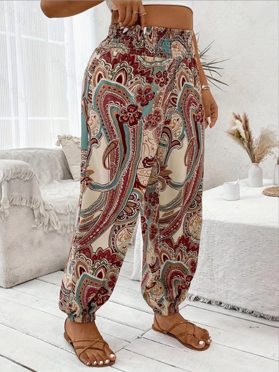 Női tropikus mintás könnyű nadrág, elasztikus derék, laza szabás, vékony poliészter-spandex keverék, 90-95% poliészter, <30% spandex, tavasz-nyár 2025, hétköznapi elegáns stílus