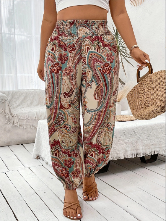 Női tropikus mintás könnyű nadrág, elasztikus derék, laza szabás, vékony poliészter-spandex keverék, 90-95% poliészter, <30% spandex, tavasz-nyár 2025, hétköznapi elegáns stílus