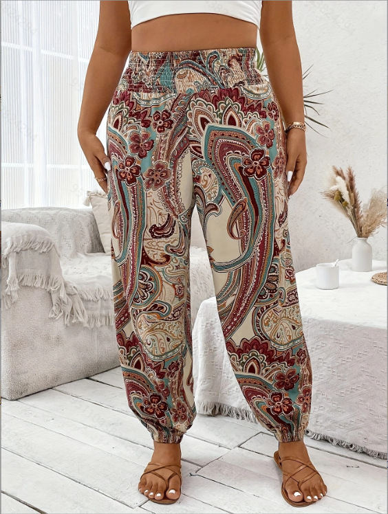 Női tropikus mintás könnyű nadrág, elasztikus derék, laza szabás, vékony poliészter-spandex keverék, 90-95% poliészter, <30% spandex, tavasz-nyár 2025, hétköznapi elegáns stílus