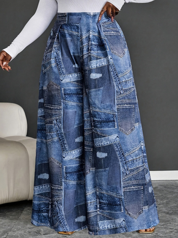 Naiste laia säärega püksid elastse vööga ja patchwork disainiga (Kangas: polüester; Suvi 2025; Stiil: rafineeritud igapäevane)