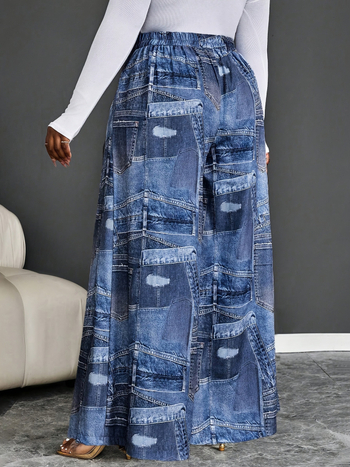 Naiste laia säärega püksid elastse vööga ja patchwork disainiga (Kangas: polüester; Suvi 2025; Stiil: rafineeritud igapäevane)