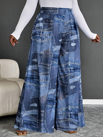 Naiste laia säärega püksid elastse vööga ja patchwork disainiga (Kangas: polüester; Suvi 2025; Stiil: rafineeritud igapäevane)