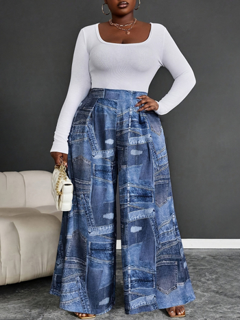 Naiste laia säärega püksid elastse vööga ja patchwork disainiga (Kangas: polüester; Suvi 2025; Stiil: rafineeritud igapäevane)