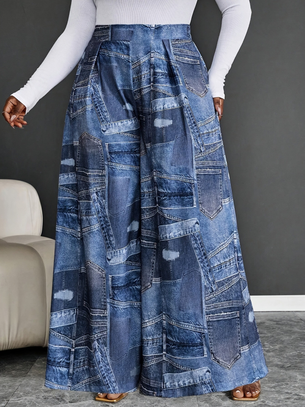 Naiste laia säärega püksid elastse vööga ja patchwork disainiga (Kangas: polüester; Suvi 2025; Stiil: rafineeritud igapäevane)