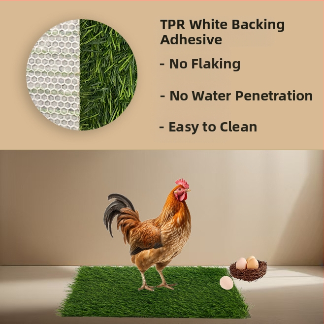 Podložka do hniezda pre hydinu z umelého trávnika; materiál: polypropylén, TPR; vhodné pre chovateľov hydiny, farmy a majiteľov domácich kurčiat; umývateľný a znovu použiteľný.