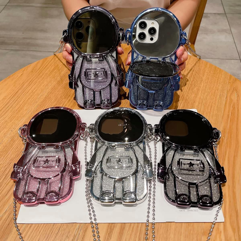 Kryt na telefón pre iPhone 14 Pro Max s elektroplátovaným dizajnom astronauta, make-up zrkadielkom a ochranu proti prášku – TPU; kompatibilné s iPhone 11 Pro Max, 12 Pro Max, 13 Pro Max, 13 Pro, 14 Pro, 14 Pro Max