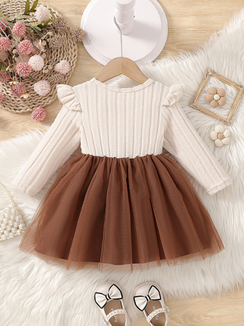 Φόρεμα για κορίτσια με μακριά μανίκια, στρογγυλό λαιμό, διπλό στρώμα διχτυωτής ύφανσης, πλισέ φούστα, πολυεστέρας (Μακριά μανίκια; Στρογγυλός λαιμός; Διπλό στρώμα διχτυωτής ύφανσης; Πλισέ φούστα; Πολυεστέρας)