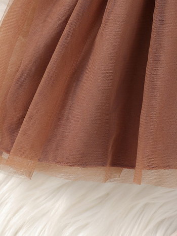 Φόρεμα για κορίτσια με μακριά μανίκια, στρογγυλό λαιμό, διπλό στρώμα διχτυωτής ύφανσης, πλισέ φούστα, πολυεστέρας (Μακριά μανίκια; Στρογγυλός λαιμός; Διπλό στρώμα διχτυωτής ύφανσης; Πλισέ φούστα; Πολυεστέρας)