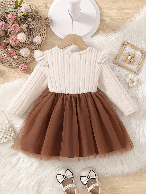 Lányoknak készült ruha hosszú ujjú, kerek nyakú, dupla réteg hálóanyag, redőzött szoknya, poliészter (Hosszú ujjú; Kerek nyak; Dupla réteg hálóanyag; Redőzött szoknya; Poliészter)