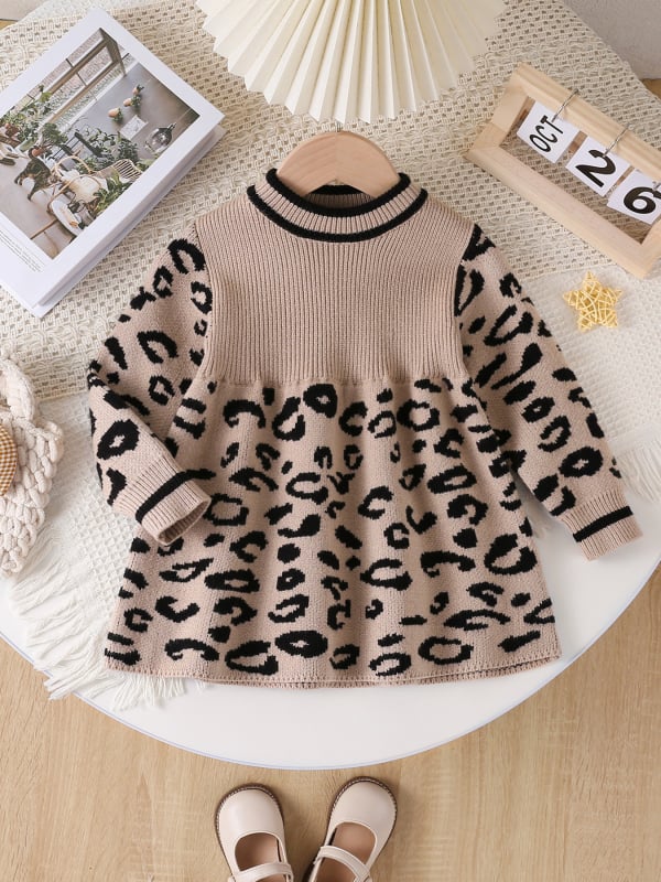 Lányoknak készült kötött leopárdmintás hercegnő ruha, hosszú ujjú, kerek nyakú, viszkóz 51%, 2025 tavasza