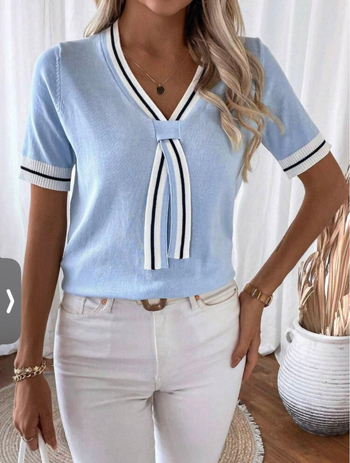V-nyakú kötött felső, háromnegyedes ujjú, poliészter anyag, csíkos vagy kockás minta