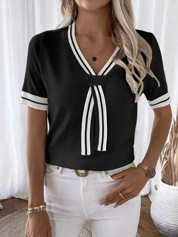 V-nyakú kötött felső, háromnegyedes ujjú, poliészter anyag, csíkos vagy kockás minta