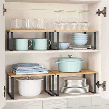 Δύο-επίπεδη ξύλινη επιτραπέζια ραφιέρα αποθήκευσης για κουζίνα, μπαχαρικά και μικροαντικείμενα — Πολυλειτουργική, Ξύλο/Μπαμπού, Απλός Σύγχρονος Στυλ