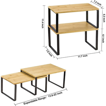 Δύο-επίπεδη ξύλινη επιτραπέζια ραφιέρα αποθήκευσης για κουζίνα, μπαχαρικά και μικροαντικείμενα — Πολυλειτουργική, Ξύλο/Μπαμπού, Απλός Σύγχρονος Στυλ