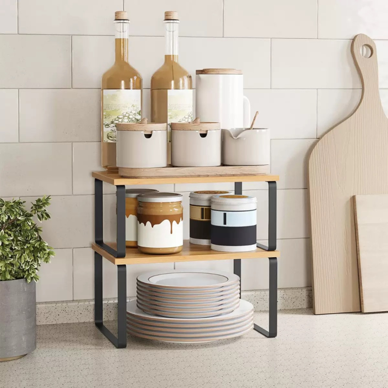 Kétszintes faasztali tároló konyhai fűszerek és apróságok számára — Többcfunkciós, Fa/Bambusz, Egyszerű Modern Stílus