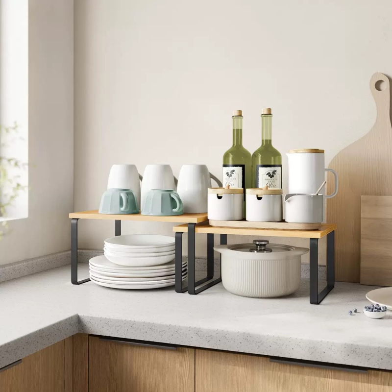 Kétszintes faasztali tároló konyhai fűszerek és apróságok számára — Többcfunkciós, Fa/Bambusz, Egyszerű Modern Stílus