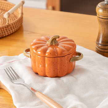 Keraamiline kõrvitsakujuline küpsetuskauss kaanega, mikrolaineohutu, ümmargune magustoidu või supikauss